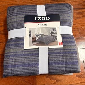 IZOD ‘Logan’ 2 Piece Twin Quilt & Sham Set Grey & Blue Reversible Brand New